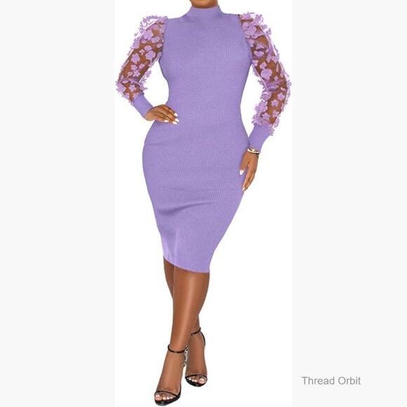 Dresses & Skirts - Ribbed Bodycon Midi Dress Long Sleeve Lace Turtle Neck Party Club